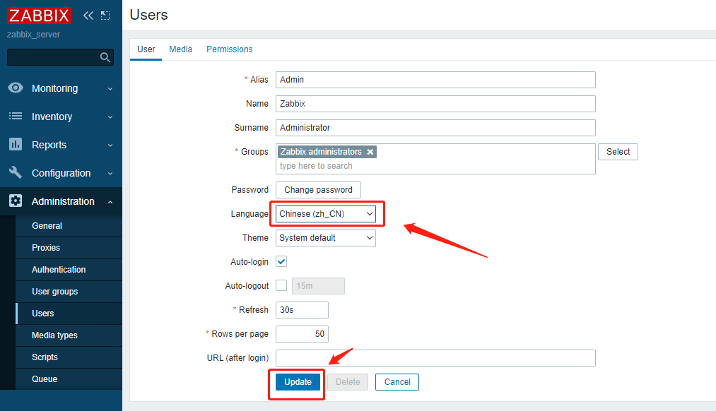 zabbix设置中文